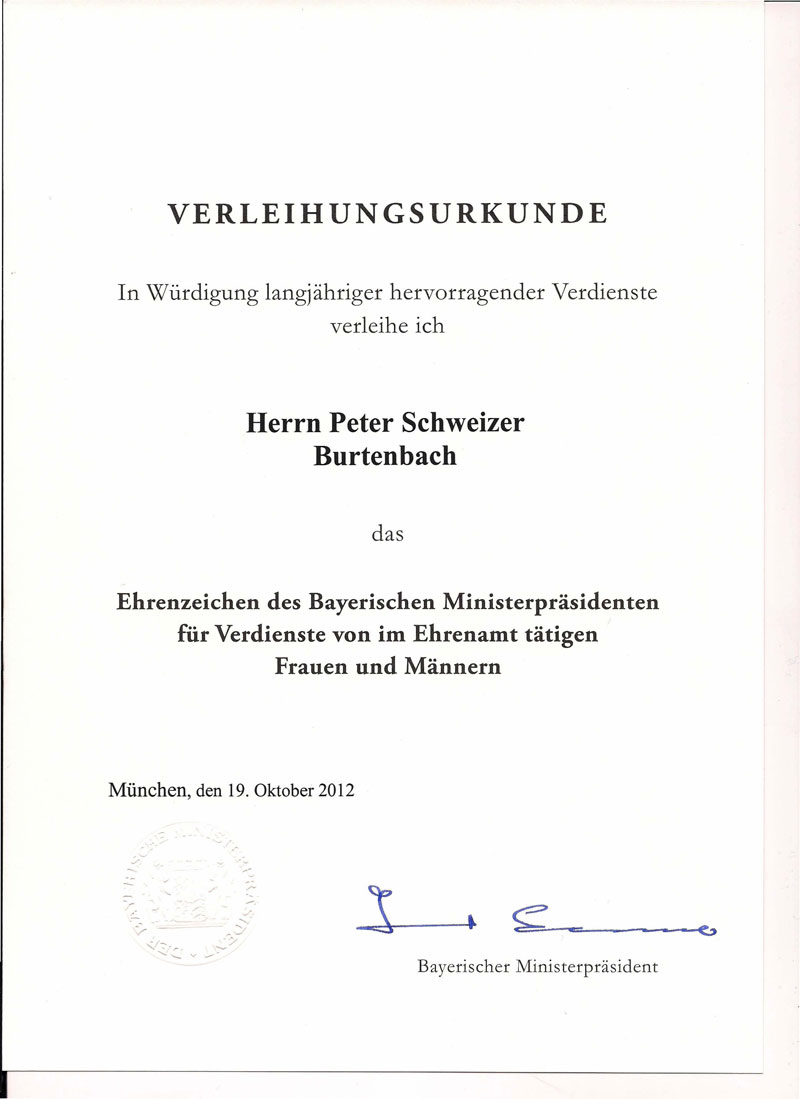 Verleihungsurkunde des Ministerpräsidenten 