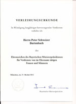 Verleihungurkunde des Ministerpräsidenten Bayern